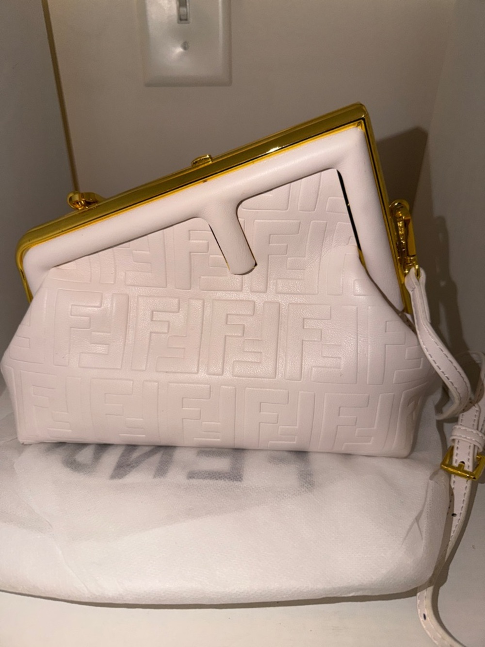 White Embossed Leather Frame Clutch with Gold Hardware